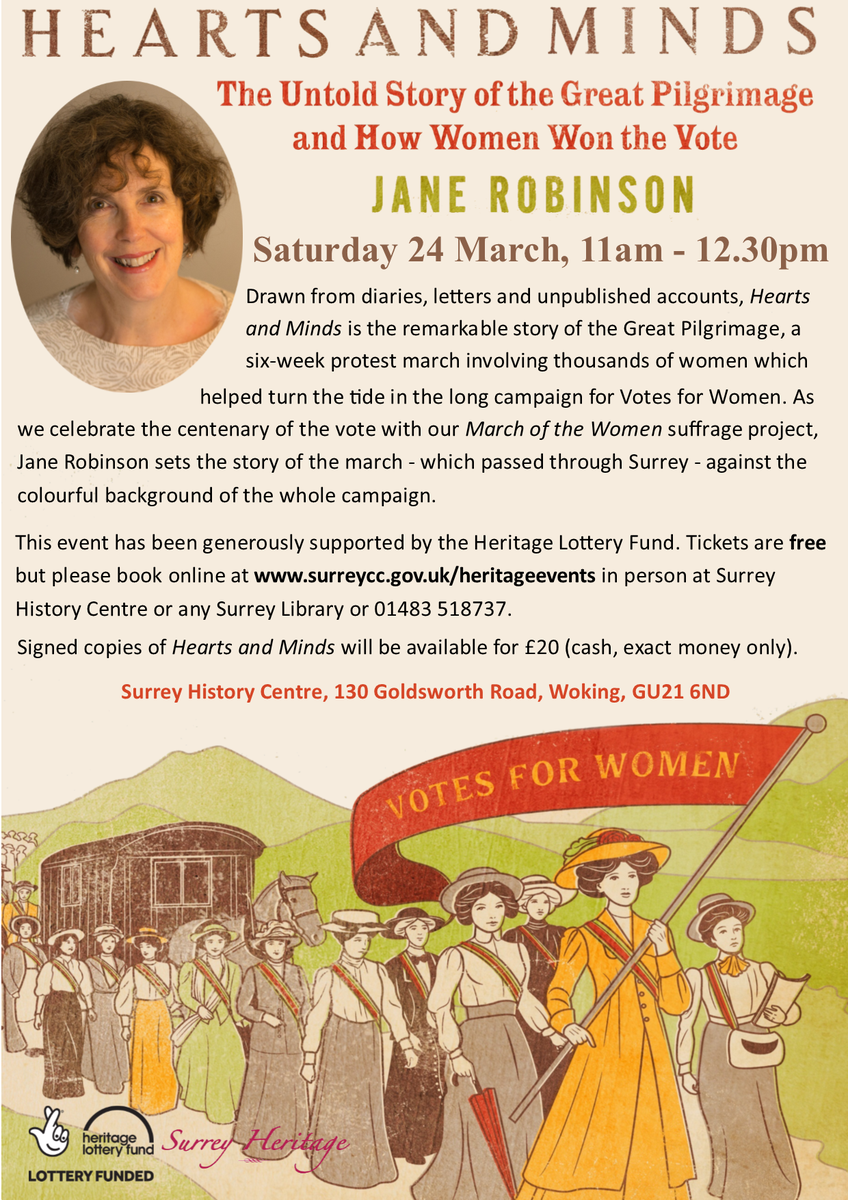 SurreyHeritage's tweet photo. This Saturday! Tickets online: https://t.co/3wEropTmOu @MarchoftheWomen @SurreyLibraries #Woking https://t.co/AUrOPsFs3G