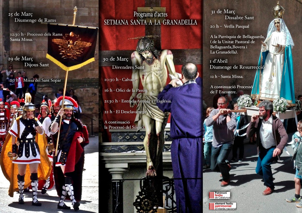 montsesas's tweet photo. Ja tenim aquí la #SetmanaSantaLaGranadella. Aquí us deixo el programa dels actes, #Desclavament de Divendres Sant i la #Processódelencontre de Diumenge de Pasqua. #elementsfestius. @rosapujolaitona @Tornaveu @angelsblasco https://t.co/Q1EWKmN9ot