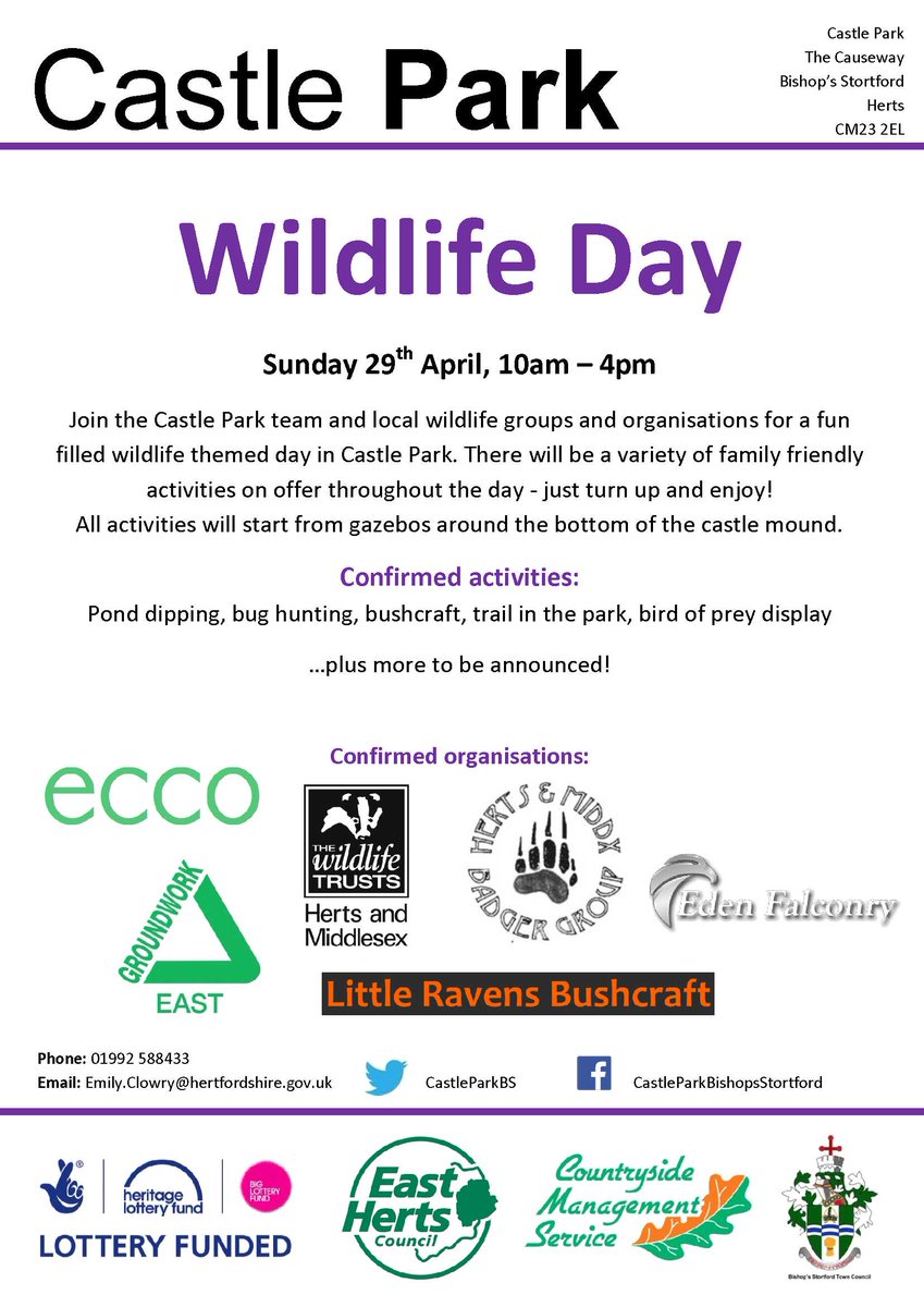We are very excited to be organising a wildlife day for Castle Park. Save the date - lots of great organisations joining in to offer exciting family friendly activities throughout the day! Ecco, <a href="/HMWTBadger/">Herts & Middlesex Wildlife Trust</a>,  <a href="/GroundworkEast/">Groundwork East</a>,   <a href="/EdenFalconry/">Eden Falconry</a> ...plus more to be annouced!