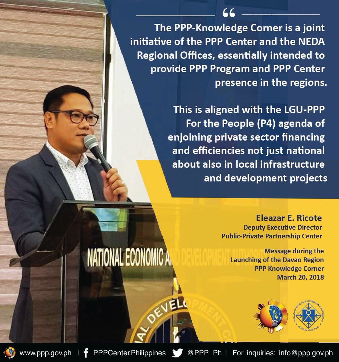 Deputy Executive Dir.Eleazar Ricote talked about the alignment of the PPP Knowledge Corner with the LGU-PPP For the People agenda of enjoining private sector financing and efficiencies not just in natl but also in local infra&devt projects.#PPPInitiatives #PhPPPproject #LGUPPPs