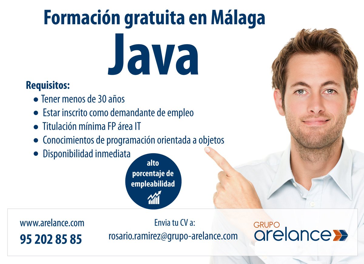 Arelance's tweet image. Aprovecha esta oportunidad única, Formación gratuita en Java en Málaga. Últimas plazas disponibles. Inicio inmediato. Si estás interesado envía tu cv a: rosario.ramirez@grupo-arelance.com #formacion #java #formacionjava #innovacion #Tecnologia