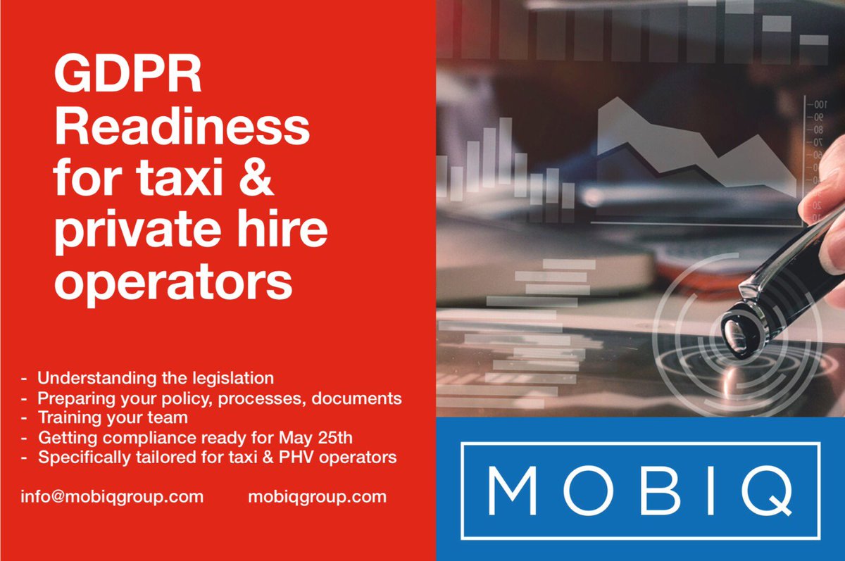 Mobiq are helping taxi and PHV operators across the U.K. make sure they are GDPR ready for this May. Not generic consulting, but practical steps and documentation to put in place- tailored to the taxi and PHV market.