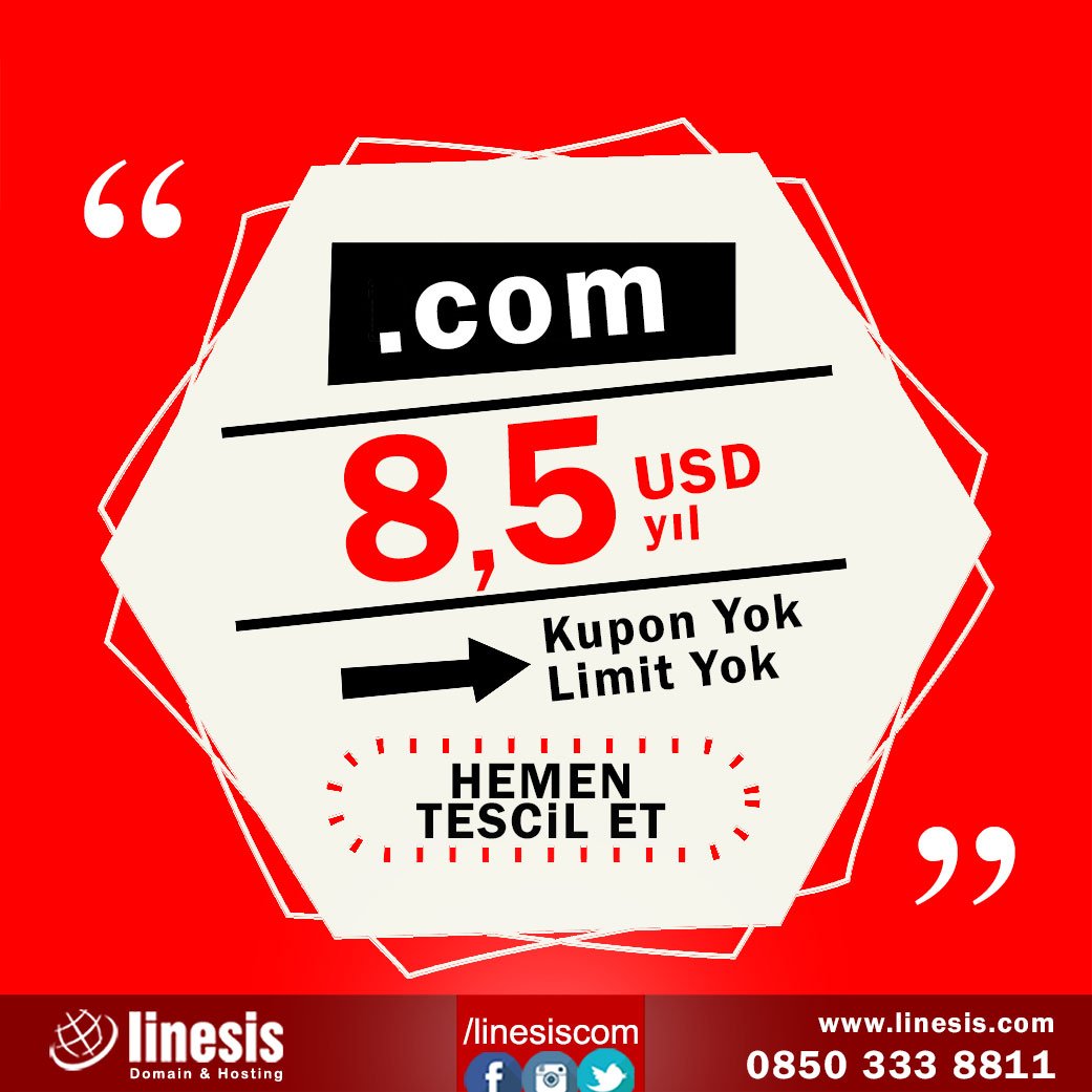 linesiscom's tweet photo. Kupon yok, Limit yok. COM domain tescil etmek için tam zamanı.. https://t.co/JDQTsbVVwT #domain #alanadı #alanadi #tescil #fırsat #kampanya #indirim #yeni #com https://t.co/RzJ6mcl7o7