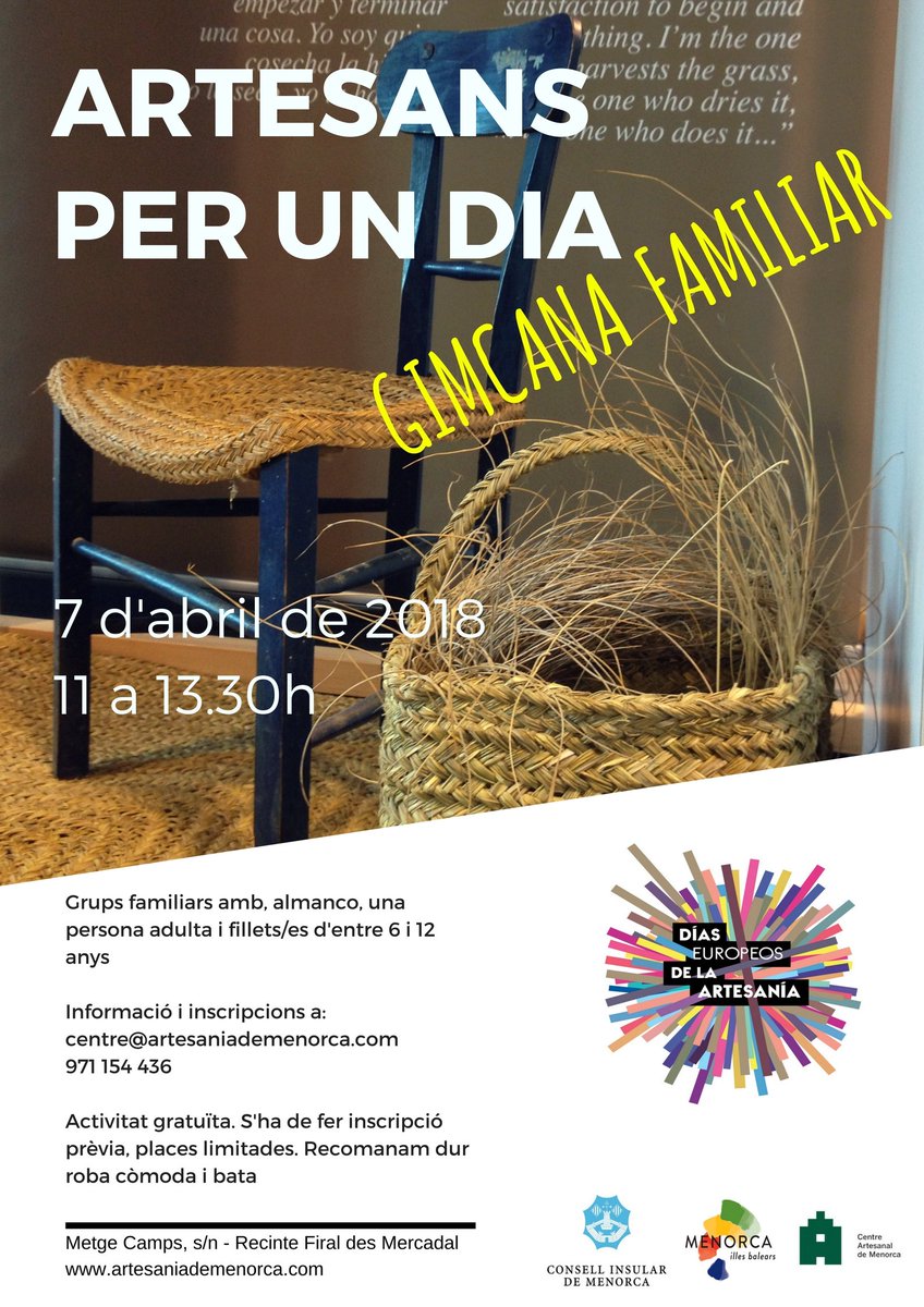 Dissabte 7 d'abril, Gimcana familiar 'Artesans per un dia'. Encara no us hi heu apuntat? Places limitades. <a href="/ConsellMenorca/">Consell de Menorca</a> <a href="/MenorcaBiosfera/">Menorca Reserva de Biosfera</a> <a href="/illetra/">illetra_cultura</a>