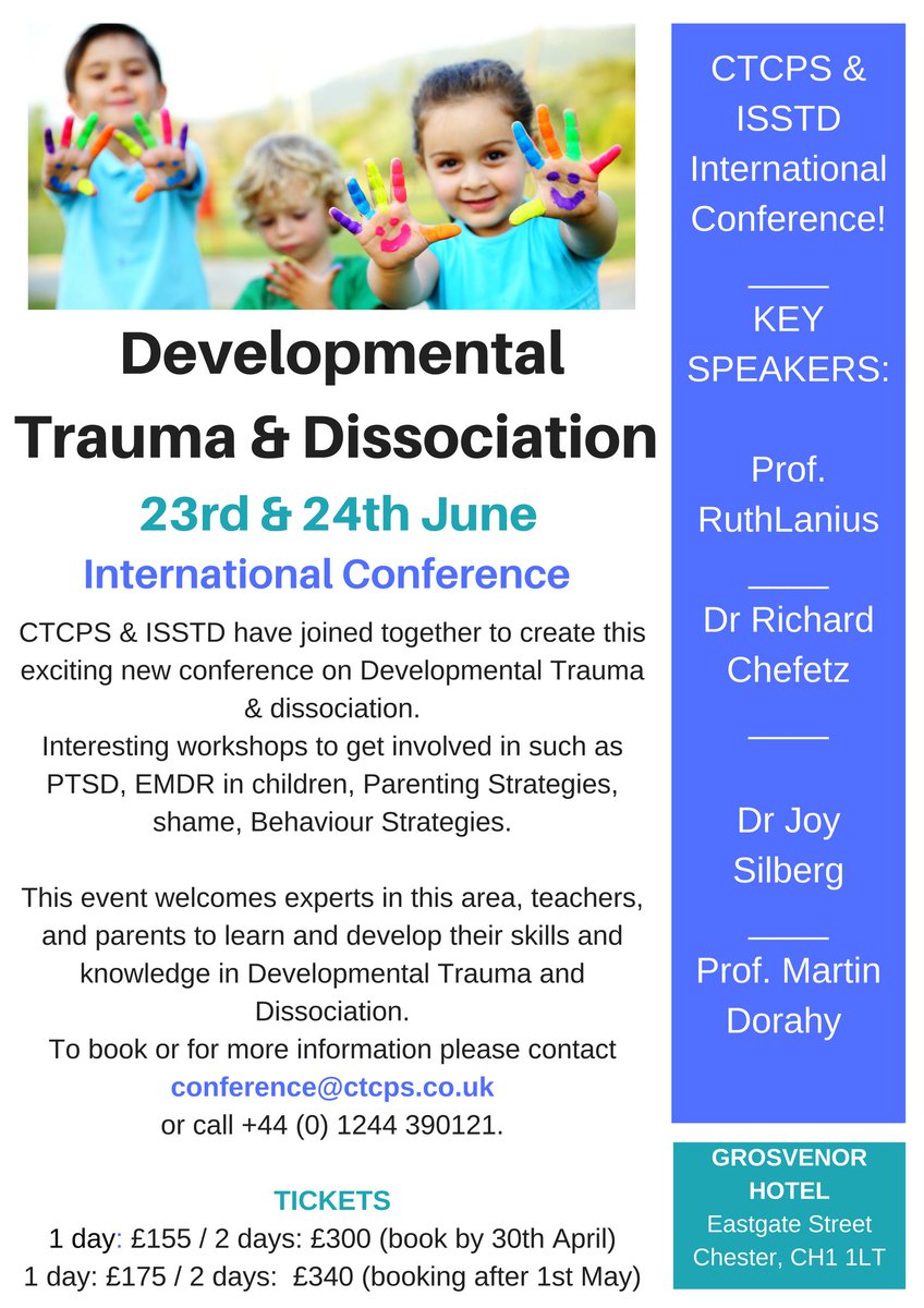 CTCpsych's tweet photo. DON'T MISS OUT ON OUR EXCITING CONFERENCE on June 23rd &amp; 24th in Chester.
We have guest speakers and engaging workshops that will explore Developmental Trauma and Dissociation as well as many other interesting topics.
for more information email: conference@ctcps.co.uk https://t.co/UBaDQHYc4t