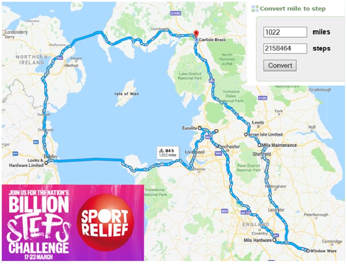 CarlisleBrass's tweet photo. We are doing our bit for @sportrelief Billions Steps Challenge and linking it to getting fit with @WorkplaceChall - for this we are walking the equivalent of our Arran Isle group in the UK 1022 miles or 2158464 step! #billionsteps #TeamCarlisleBrass https://t.co/TFPL67ZWdq