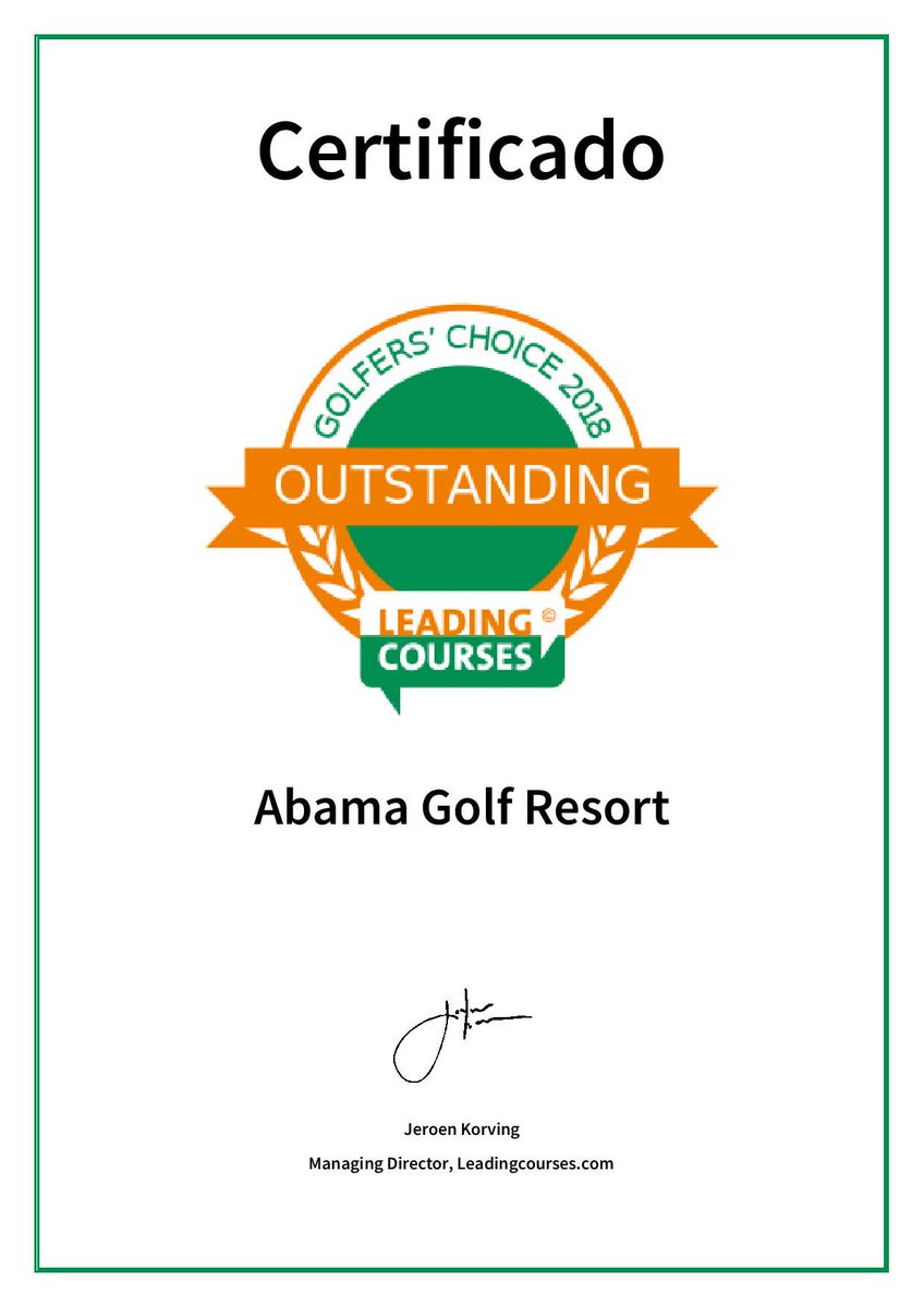 Nos sentimos muy honrados de recibir un Certificado Sobresaliente de <a href="/leadingcourses/">Leading Courses</a>. Es especialmente gratificante ya que este certificado se basa en las opiniones y valoraciones de nuestros clientes con respecto al mantenimiento y al nivel de nuestro campo de golf.