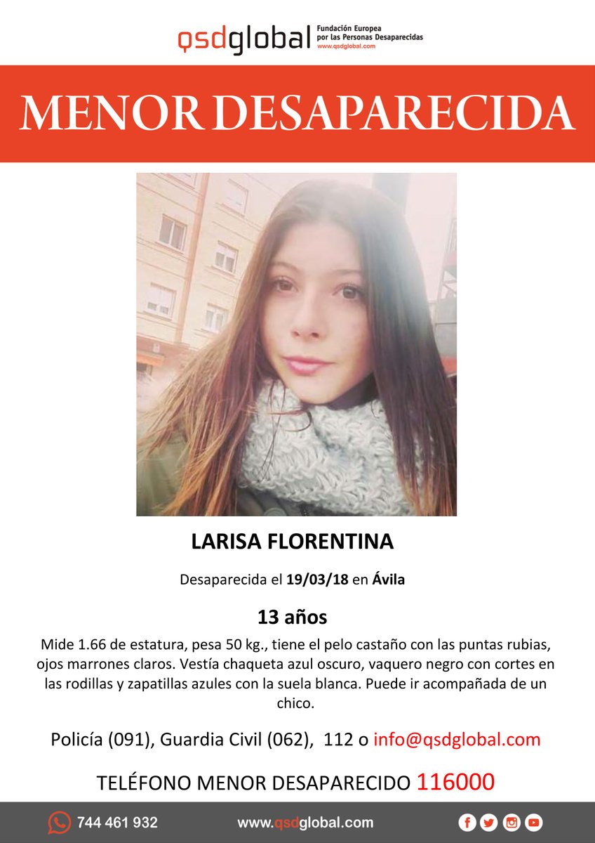 guardiacivil's tweet photo. 🆘#MUYURGENTE⚠️ 

Esta es Larisa, una #menor que ha #desaparecido en #Ávila

Si la has visto llámanos
 ☎062 
 ☎091
 ☎112 

Tu RT es muy importante https://t.co/L5rnjGxvYx