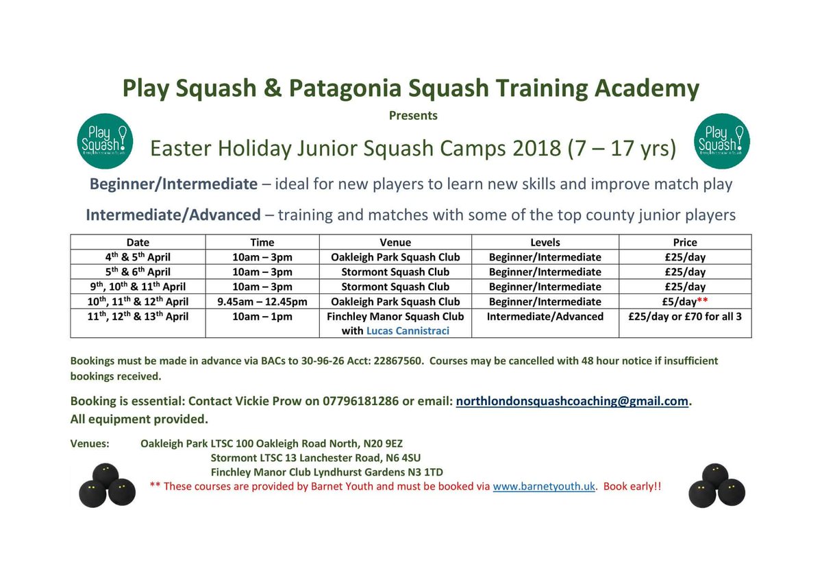 **** TENNIS & SQUASH EASTER CAMPS ****

We're taking bookings now!

Give the kids a holiday they will enjoy with friends and a skill for life! 

RT @Middxjuniors @FinchleyManor @stjohnscen20 @Middlesexlta @LMB_Tennis @l_cannistraci @allsaintsn20 @FrithManor