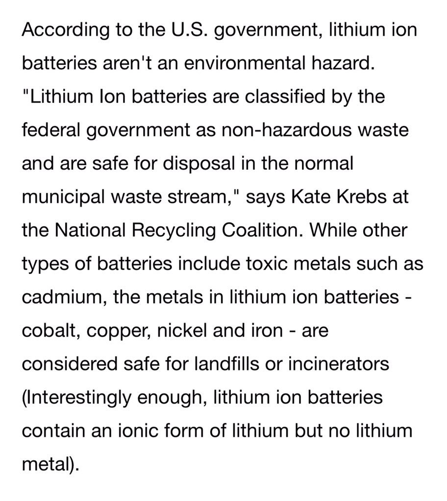 The other myth is that electric car batteries are toxic and difficult to recycle and end up in a poisonous landfill somewhere. But in reality li-ion batteries aren't toxic so there is very little legislation which forces companies to recycle them.