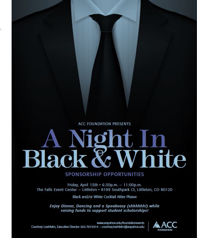 BestChamber's tweet photo. @ArapahoeCC is hosting A Night in Black & White at The Falls Event Center 4/13. Enjoy dinner, dancing, and a speakeasy while raising funds to support student scholarships! #smdc #bestchamber #coeducation #fundraiser #accfoundation https://t.co/izICcEVvWx