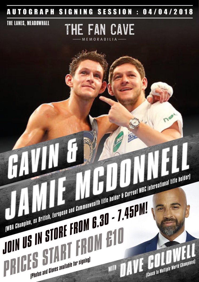 Public signing in store April 4th! 

Joins us in store on Wednesday 4th April for a public signing with current WBA Champion and WBC international champion <a href="/JamieMcdonnell1/">Jamie Mcdonnell</a> <a href="/bigtwinnygav/">Gavin Mcdonnell</a> and coach to multiple world champs <a href="/davidcoldwell/">Dave Coldwell</a> 

Contact 03455564111
