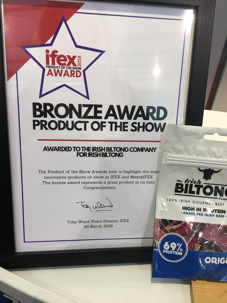 Irishbiltong's tweet photo. Results are in!!!! Bronze award for product of the show @IFEX_NI #IFEX2018 
Thrilled with ourselves!! https://t.co/C6dVA15Qfl