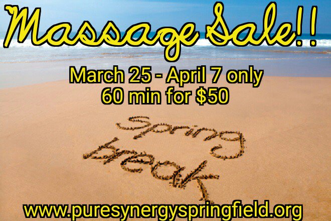 PureSynergy1's tweet photo. Receive a massage 3/25 - 4/7 and pay just $50 for a 60 min Therapeutic massage! You must mention this post when you book or pay for the massage to get the discount! Call 217-679-3156 or visit https://t.co/1w0Iz8vthW to book today!
#springfieldmassage #firstdayofspring #massage https://t.co/OctHHoTlij