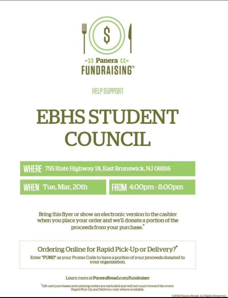 Come out to panera tonight from 4-8 to support student council!! Most of the money goes towards homecoming food next year and other school events! Just show this flyer