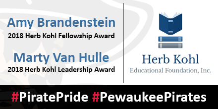 PewaukeeHS's tweet photo. What a day for @PewaukeeSD - we have TWO prestigious @HKEdFoundation award recipients to announce. Congrats to @AsaClarkMS's @branamy2 and @PewaukeeHS's @MartyVanHulle on your outstanding achievements! #KohlFellow #PiratePride #PewaukeePirates https://t.co/VBmgrzGVNr