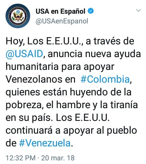 UltimoMomentoVE's tweet photo. #ÚltimoMomento #20Mar

#EnImágenes La Agencia de EE. UU. Para el Desarrollo Internacional @USAID anuncia el aporte del gobierno de ese País de $2.5 millones a #Colombia para ayuda humanitaria por la emigración de 1.5 millones de venezolanos hacia el País vecino
Vía @USAenEspanol https://t.co/KuLHc9TohD