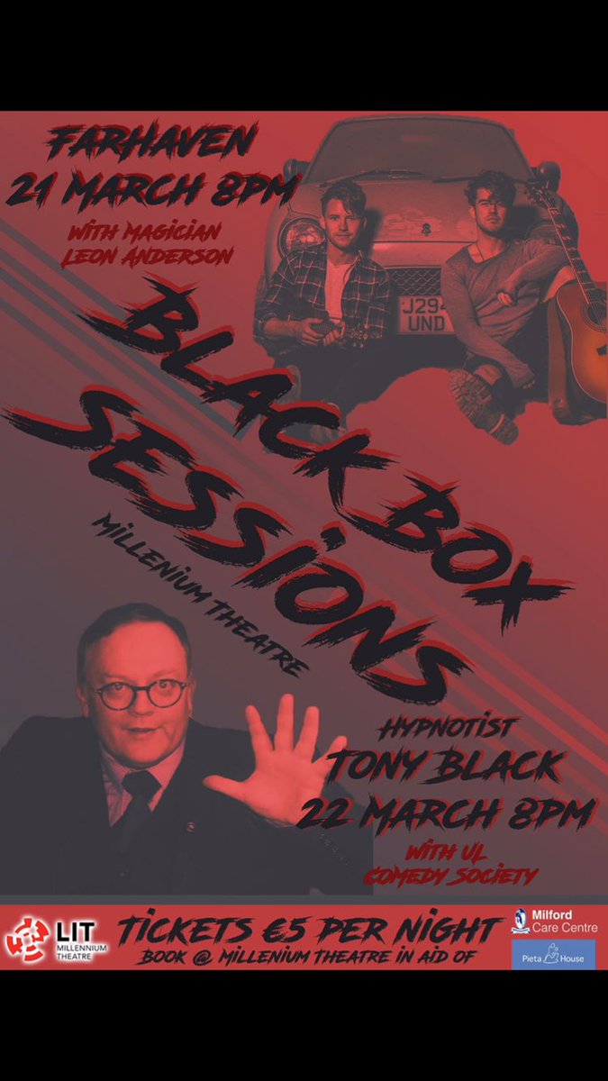Dylan__Reid's tweet photo. This Wednesday and Thursday in @LimerickIT is the Black Box Sessions in aid of @PietaHouse and  @MilfordCare . Follow the link for tickets https://t.co/KavYV6B1ql @LIT_SU @SPINSouthWest @LimLive95fm @CreativeFilmLIT @farhavenmusic @ULComedy @litmillennium @Limerick_Leader https://t.co/wpMbylJE2O