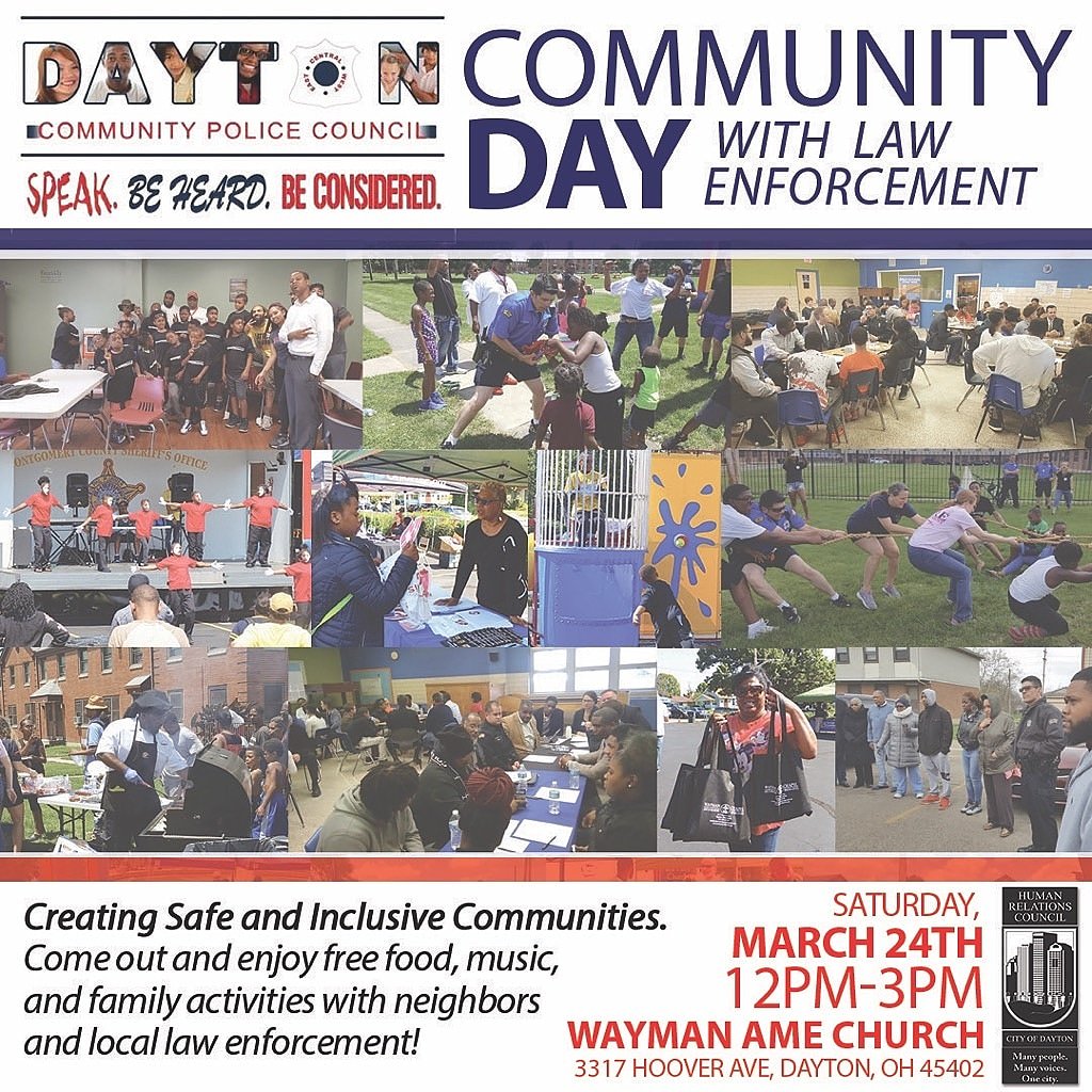 We hope to see you THIS SATURDAY!!!!!!

Join us March 24th for a Community Day with Law Enforcement! #communityrelations #daytonpolice #HRC #DaytonHRC #DaytonOhio #westdayton #eastdayton #northdayton #southdayton