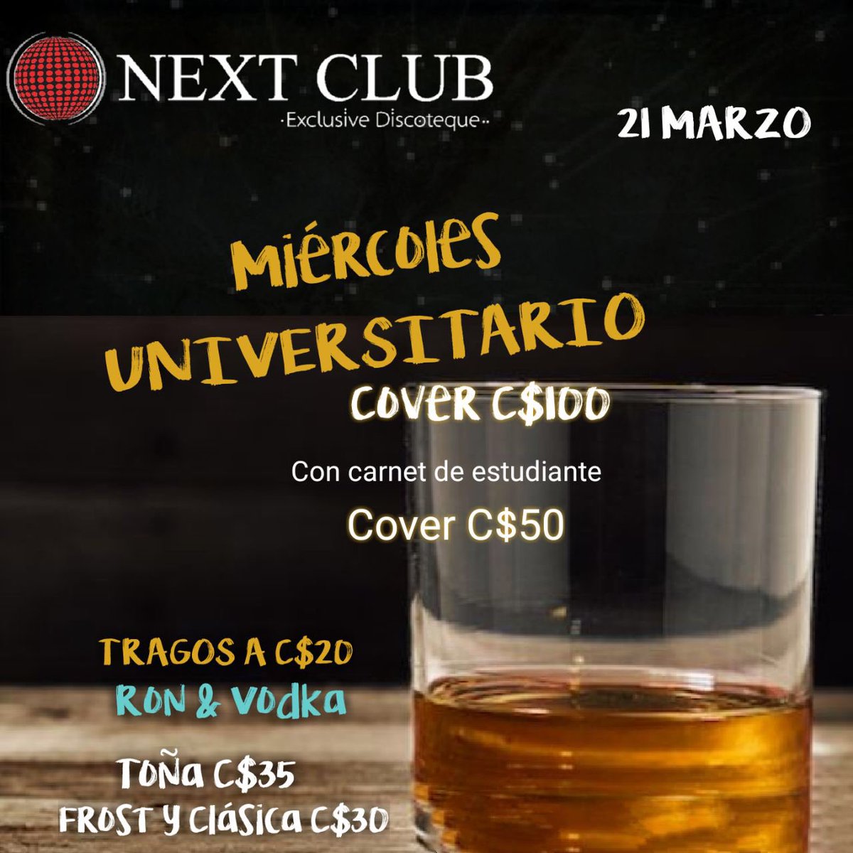 NextClubManagua's tweet photo. Mañana toca #MiercolesUniversitario 
Cover general: 100
Cover con carnet universitario: 50
📓🎉🥃🍻 https://t.co/z4pDhdn2nK