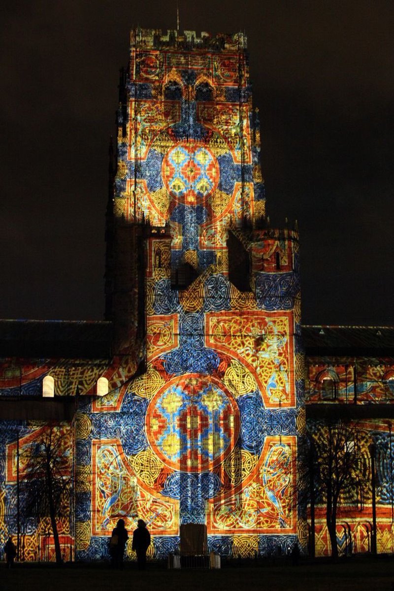 HistoryNeedsYou's tweet image. The Lindisfarne Gospels projected onto @durhamcathedral 
#Cuthbert #photography courtesy @TheJournalNews