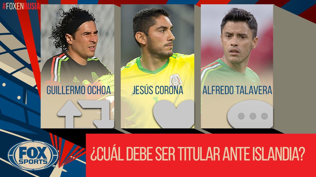 FOXSportsMX's tweet photo. ¿QUIÉN DEBE SER EL TITULAR ANTE ISLANDIA?

#FOXenRusia México se prepara para el Mundial y tú eres Juan Carlos Osorio ¿Qué portero usarías en el amistoso del viernes?

🔁RT: Guillermo Ochoa
💓MG: Jesús Corona
📝COMENTA: Alfredo Talavera https://t.co/qr3bjLSUoM