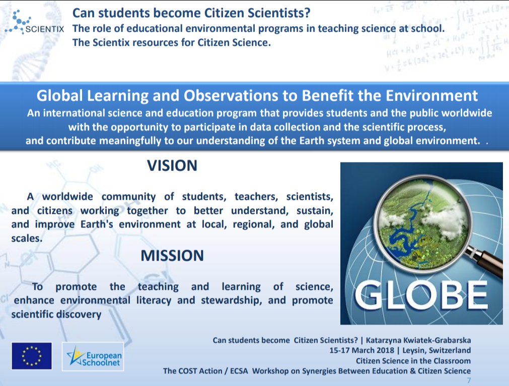 KGrabarska's tweet image. &quot;Can students become Citizen Scientists?&quot;
#GLOBEProgram in teaching Science in ZSO nr 5 w Zabrzu.
Presentation during the &quot;Workshop on Synergies Between Education &amp;amp; Citizen Science&quot; w Leysin American School in Switzerland.
#COSTAction #ECSA #CitSci #CitizenScience