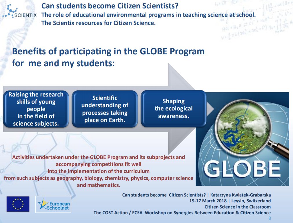 KGrabarska's tweet image. &quot;Can students become Citizen Scientists?&quot;
#GLOBEProgram in teaching Science in ZSO nr 5 w Zabrzu.
Presentation during the &quot;Workshop on Synergies Between Education &amp;amp; Citizen Science&quot; w Leysin American School in Switzerland.
#COSTAction #ECSA #CitSci #CitizenScience