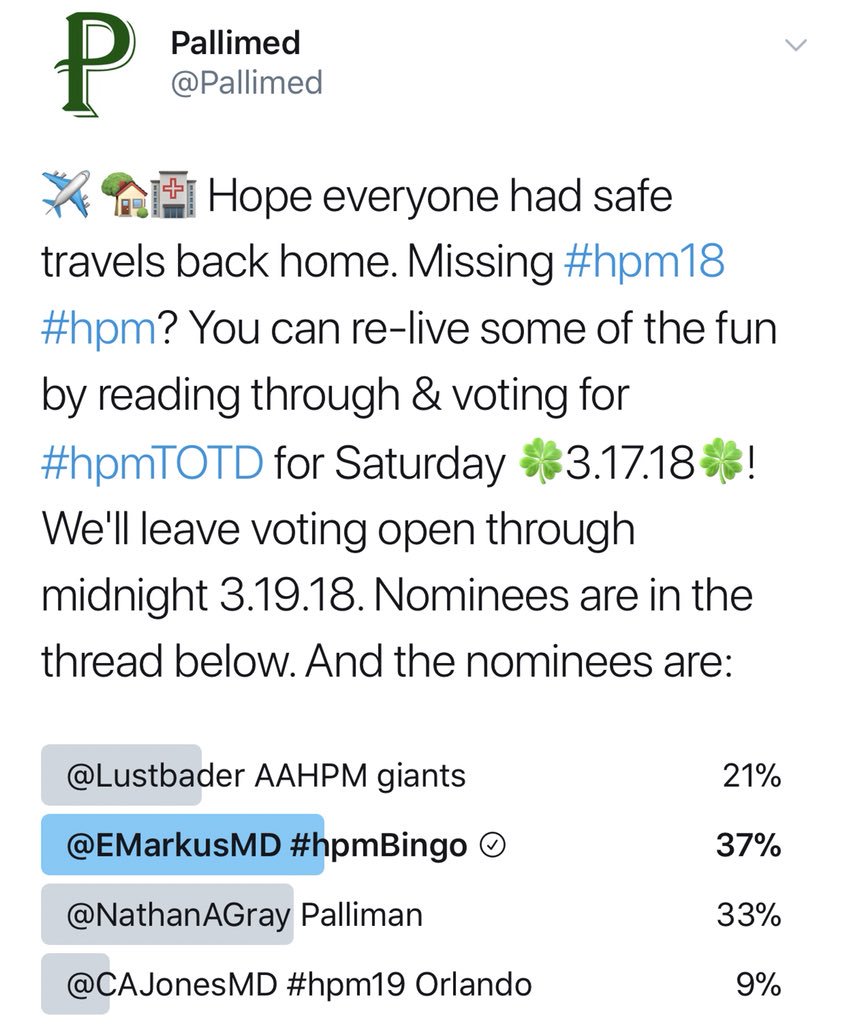 Pallimed's tweet image. 🏆🥇And the winner of the Sat 🍀3.17.18🍀 #hpmTOTD from #hpm18 is....@EMarkusMD! As an #hpmRookie18, she managed to work in #hpmBingo, @JustinTurnerPal &amp;amp; a lot of fun experiences into 1 Tweet. Well done! 🏆🥇