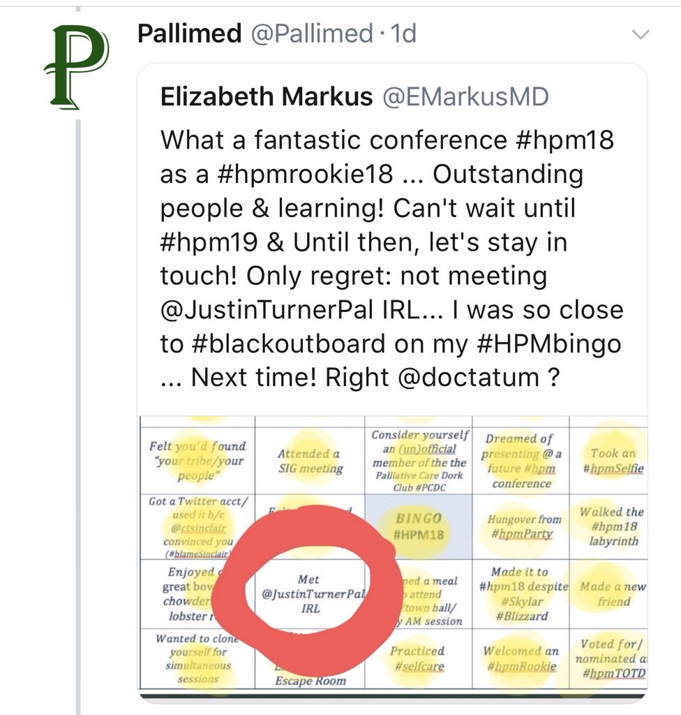 Pallimed's tweet image. 🏆🥇And the winner of the Sat 🍀3.17.18🍀 #hpmTOTD from #hpm18 is....@EMarkusMD! As an #hpmRookie18, she managed to work in #hpmBingo, @JustinTurnerPal &amp;amp; a lot of fun experiences into 1 Tweet. Well done! 🏆🥇