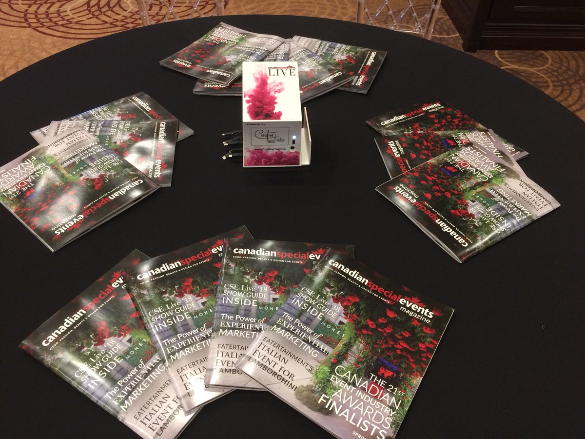 cdnspecialevent's tweet photo. Have a seat at a round table and flip through the pages to see the #CEIA finalists! Also, shoutout to @CreativeTwistCA for #sponsoring the mobile charging stations! #cselive18 #weheartcse https://t.co/uQ4Gk518q3