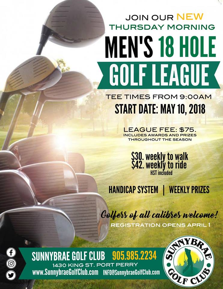 SunnybraeGolf's tweet photo. Mark your calendars!
Registration begins Apr.1 for our brand new 18 Hole Men's #Golf #League on Thursday mornings at Sunnybrae. 
Learn all about this League on our website: https://t.co/8hAt8etR7V
#PortPerry #Oshawa #Uxbridge #Lindsay #Blackstock #Whitby #Courtice #Brooklin https://t.co/caDaCDzN9X