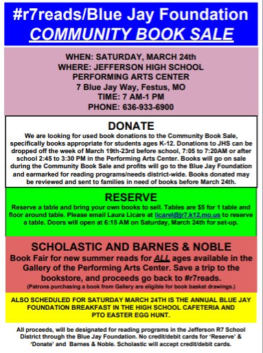 JR7Supt's tweet photo. Just a reminder this weekend is the PTO Easter Egg Hunt, Blue Jay Foundation Breakfast and the #r7reads Community Book Sale. Accepting donations now for books. https://t.co/cPPVoU6rW8
