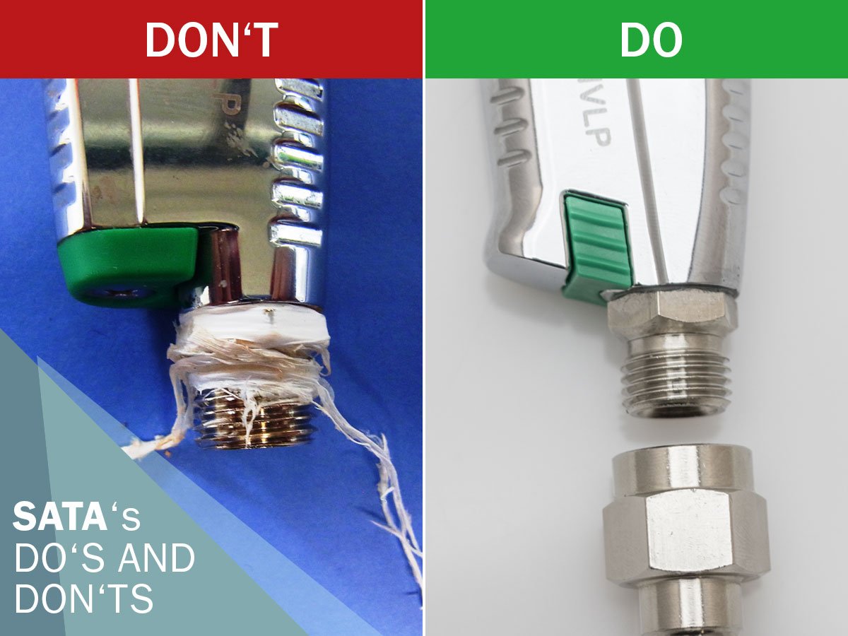 Left: The air connection of this SATA minijet 3000 B has been taped with a teflon-strip trying to seal a non-original connection nipple.
-->"band-aid” = risk that the teflon-strip comes off  and ends up on the the object
Right: SATA connection nipple (with integrated Teflon seal)