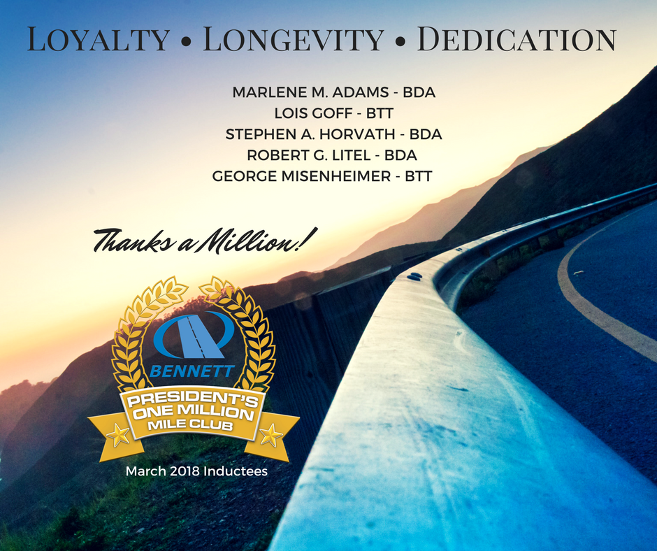BennettFamilyCo's tweet photo. Bennett welcomes 5 new drivers to our illustrious President's Million Miler Club. From the entire Bennett family, we thank you for all that you do and all the sacrifices you make. #BetterWithBennett https://t.co/AHVlbwy4nz