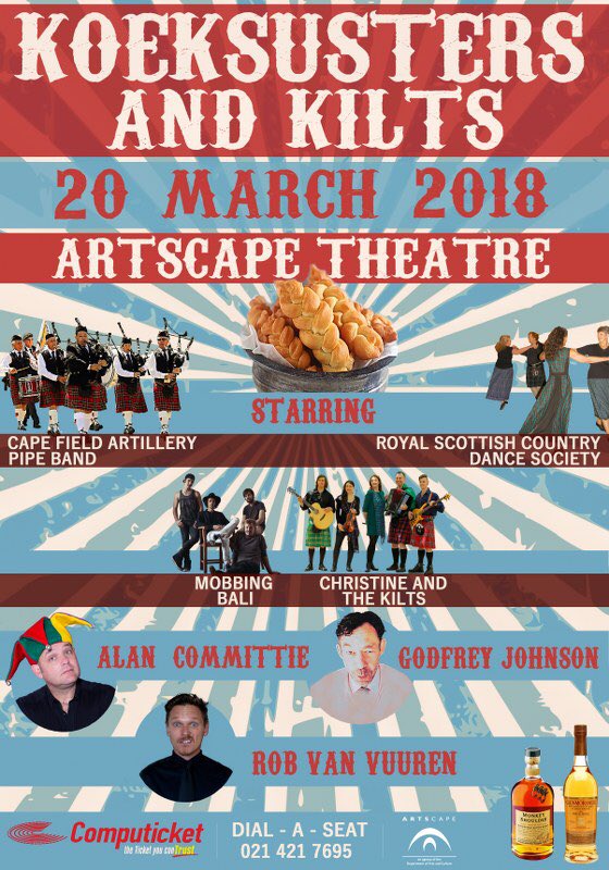 TheCapeRobyn's tweet photo. Win whisky! Prizes up for grabs tonight @ArtscapeTheatre #Koeksusters&amp;Kilts - March 20. Terrific line up -music, comedy,  dance. Proceeds to help fund #Christine&amp;Kilts  tour @edinburghfringe Tix still avail Donate via @Thundafund See https://t.co/EYnhjrKlba https://t.co/Veh5QaXunu