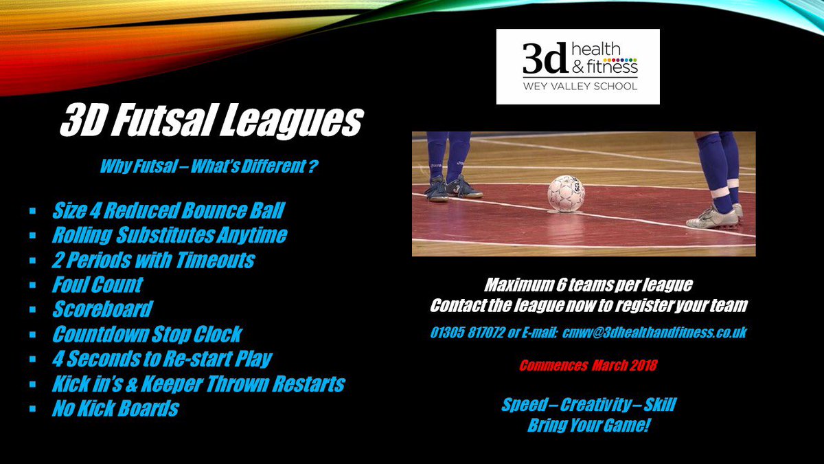3dFitnessWV's tweet photo. 2 more teams now required to start our 1st #3D #Futsal #League in #Weymouth #Speed #Skill #Creativity #Bringyourgame https://t.co/mB7jaTLQ7c https://t.co/gL9jvdCS46