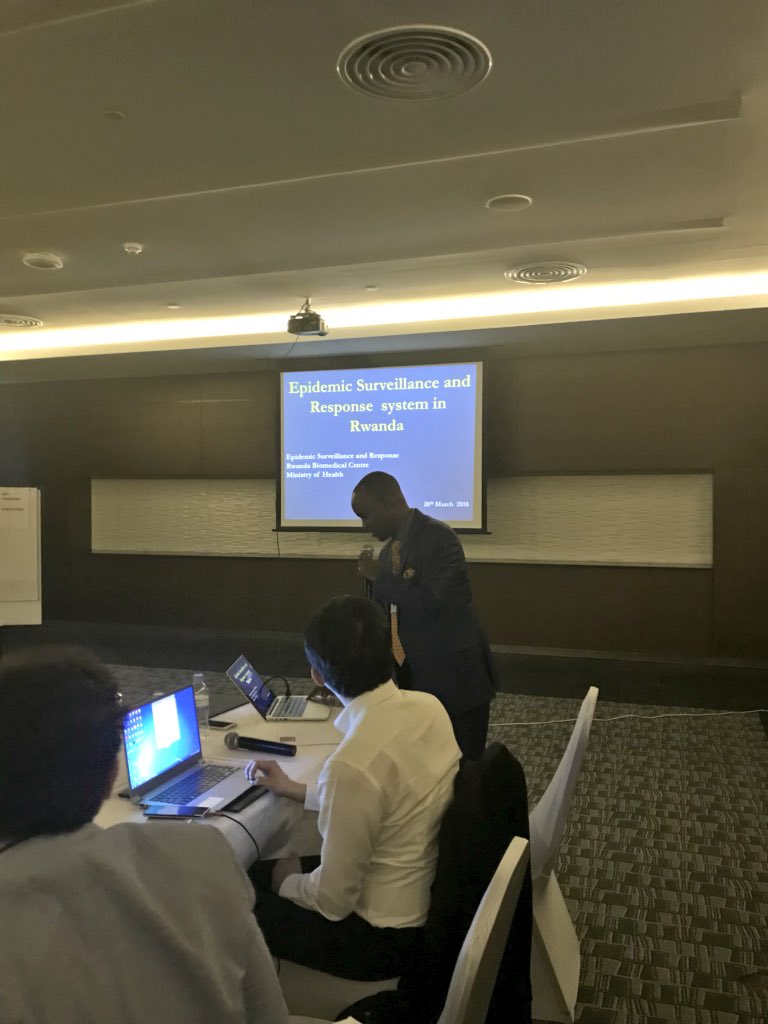 Dr. José Nyamusore of @RBCRwanda’s Epidemic Surveillance and Response Division (ESR) presenting on a domestic monitoring system. #ICTinhealthcare