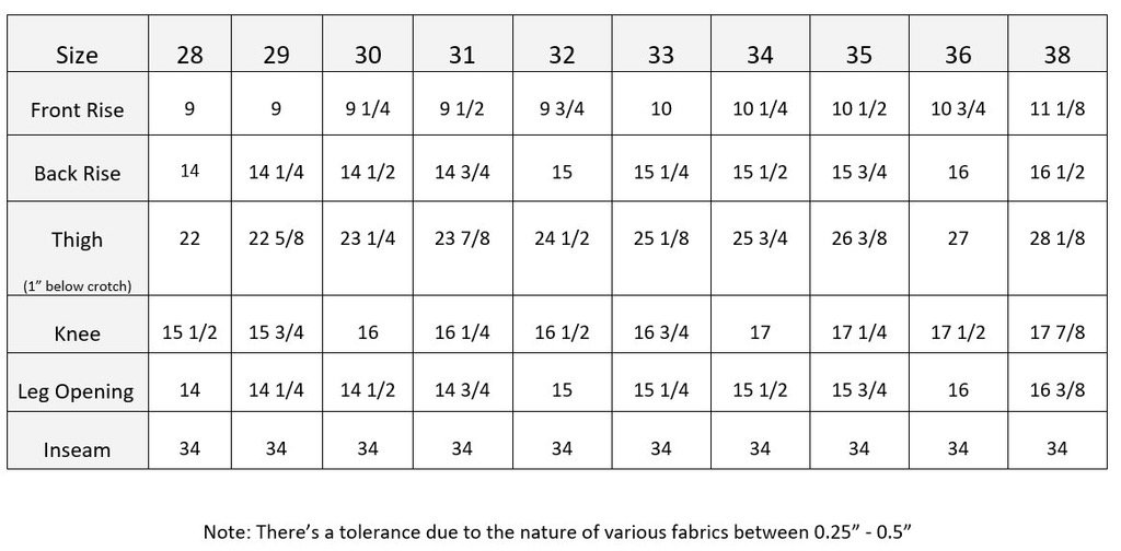 Vanity Brand Jeans Size Chart