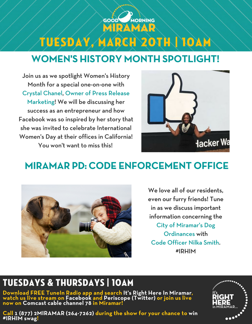 CityofMiramar's tweet photo. RIGHT NOW! We are chatting all about Women’s History Month and updated City of Miramar Dog Ordinances! Be sure to #TuneIn https://t.co/NPO9Rrz1Qy #IRHIM https://t.co/8SnSnEPkw1