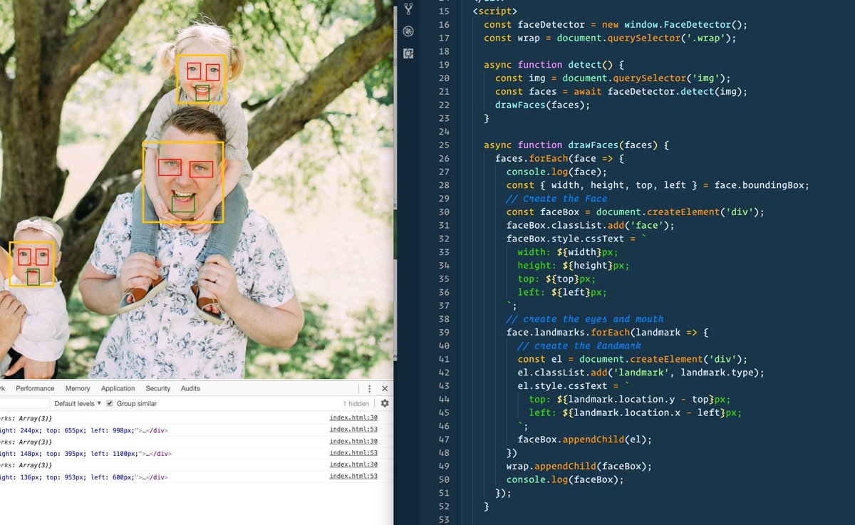 wesbos's tweet image. 😮 Did you know Chrome has a FaceDetector API?