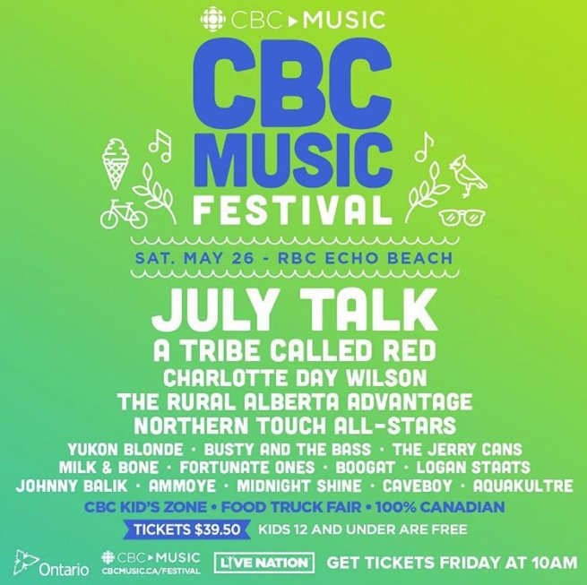 JUST ANNOUNCED‼️
CBC Music Festival returns for its sixth year on May 26 at <a href="/RBCEchoBeach/">RBC Echo Beach</a>! The largest, all-Canadian festival will include headliner <a href="/julytalk/">July Talk</a> along with <a href="/atribecalledred/">The Halluci Nation</a>, @cdaydreamz and many more! 
Tickets on sale 3/23🎟️➡️ bit.ly/2IG6qA4