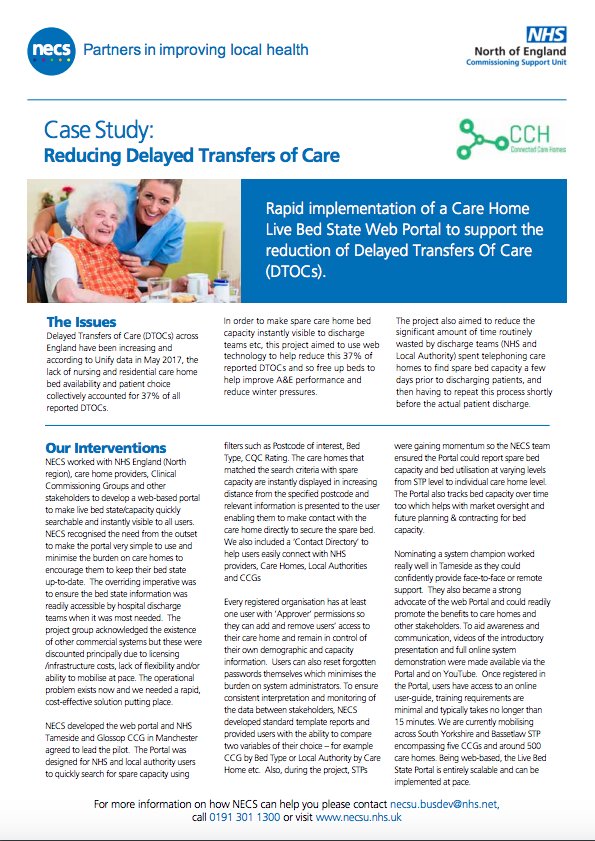 NHSnecs's tweet photo. With patient choice and the lack of nursing and care home bed availability accounting for 37% of all #DTOCs, we worked with @NHSEngland and #CCGs to develop a web portal to make live bed capacity quickly searchable and instantly visible. 

👉 https://t.co/rHed9ce2Jh https://t.co/TxADTo6DBG
