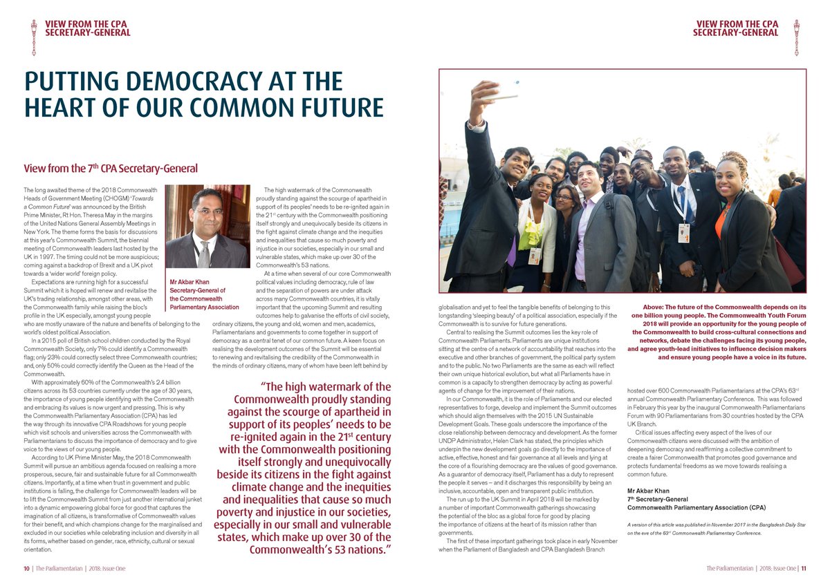 CPA_Secretariat's tweet photo. .@CPA_SecGen Akbar Khan writes about putting democracy at the heart of #ourCommonwealth ahead of #CHOGM2018 in latest issue of The Parliamentarian, Journal of #Commonwealth Parliaments – digital issue out now https://t.co/Unn51li5Ee https://t.co/uUx5MBzqzk