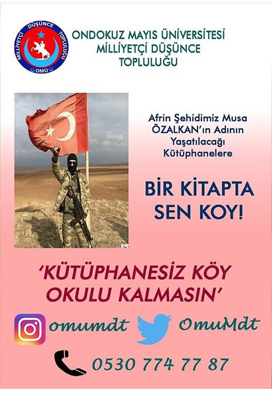 “Kütüphanesiz Köy Okulu Kalmasın” projesi kapsamında bu yılda şehit Musa ÖZALKAN’ın adının yaşatılacağı kütüphaneler kuracağız.Bir kitapta siz koymak isterseniz bize ulaşabilirsiniz.