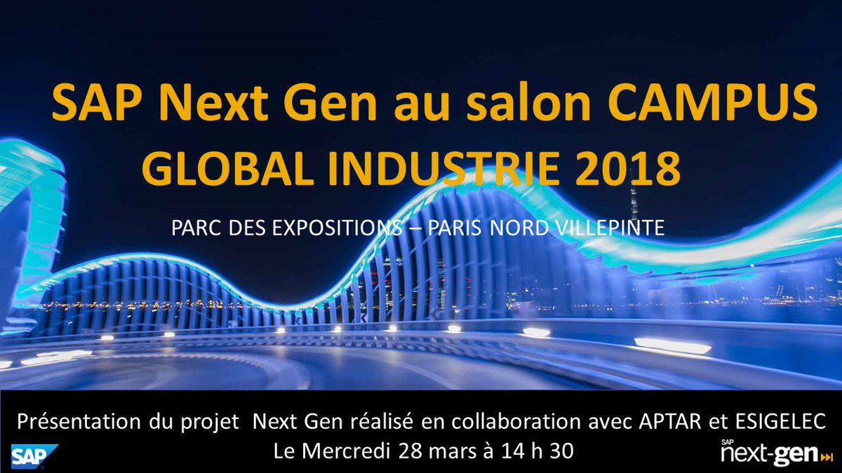 <a href="/SAPNextGen/">SAP Next-Gen</a> France sera présent au Campus du salon Global industrie 2018 Venez écouter la présentation du projet Next Gen réalisé en collaboration avec les étudiants de <a href="/GroupeESIGELEC/">ESIGELEC</a> et <a href="/aptar/">Aptar</a> le 28/3 à 14 h30 sur Espace Campus.   <a href="/SAPFrance/">SAP France</a>
