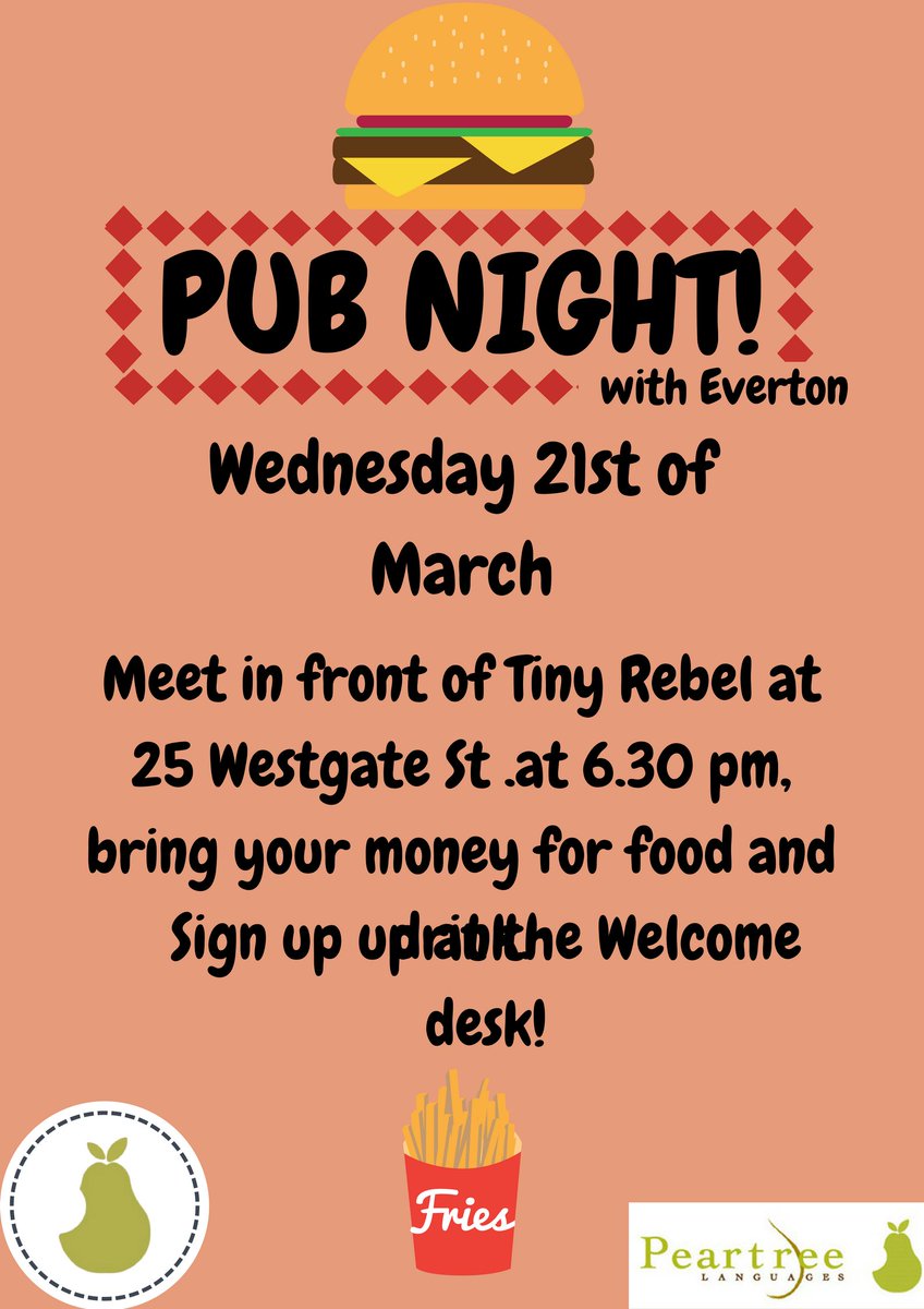 Are you free on Wednesday night? Join us for a pub night with Everton! You can meet your friends from Peartree and improve your English with exciting conversation... Wednesday at 6.30pm <a href="/TinyRebelCdff/">Tiny Rebel Bar Cardiff</a> 
#PubNight #LanguageSchool #EnglishCourse #Conversation #NightWithPeartree