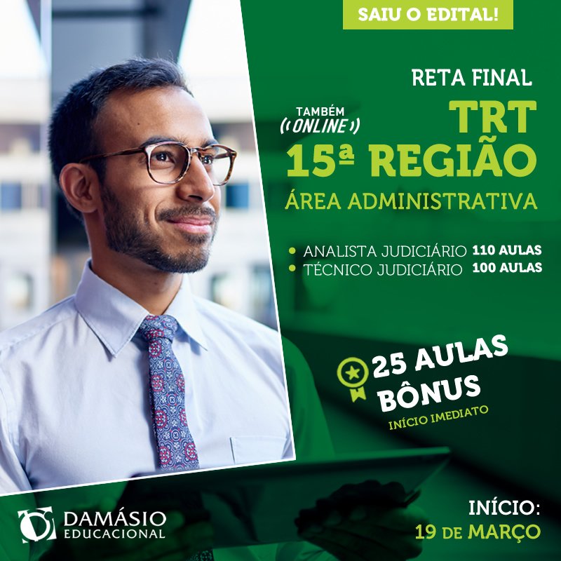 damasioaracatub's tweet photo. Concurso novo na praça!!
TRT de Campinas (vagas no interior) - nível médio e também superior.
Muitas vagas. Uma será sua, com certeza!
#boraestudar Ligue 3301-2939 ou whatsapp 99141-8872.
#DamásioEducacionalAraçatuba #concursospúblicos #TRT #ConcursoTRT #Aprovação https://t.co/dORfQMPsek
