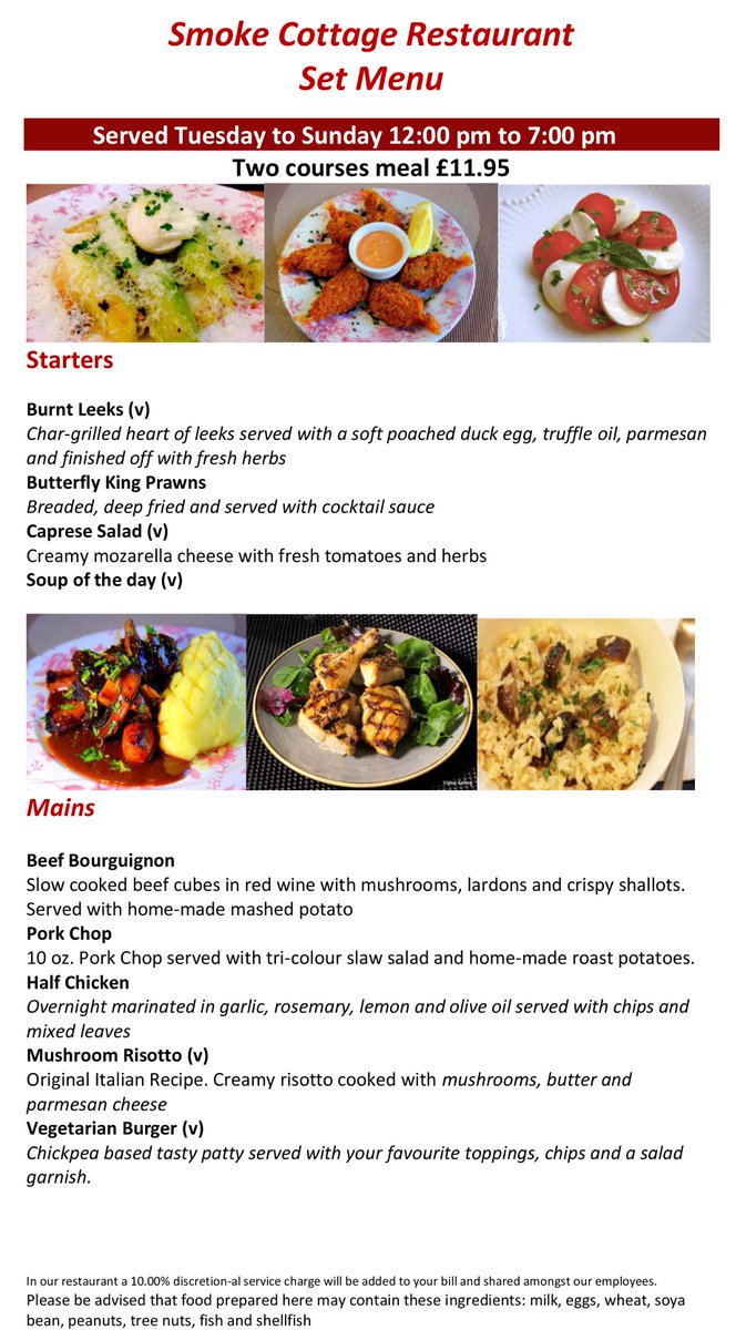 Choose from our range of delicious Starters &amp; Mains at only 11.95!

Set Menu every Tuesday to Sunday - 12 PM to 7 PM at #SmokeCottage #Ealing #eatlocal 
To book your table, simply go to smokecottage.co.uk/book-a-table/