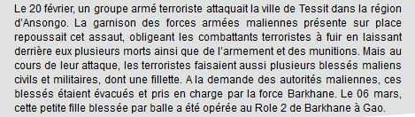 #Sahel
La force #Barkhane 🇫🇷au service des populations : une fillette malienne, blessée par des terroristes, a pu recevoir les soins nécessaires ➡defense.gouv.fr/operations/ope…